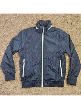 Gap Windbreaker Mens Small Navy Nylon Full Zip Jacket Hidden Hood Lightweight